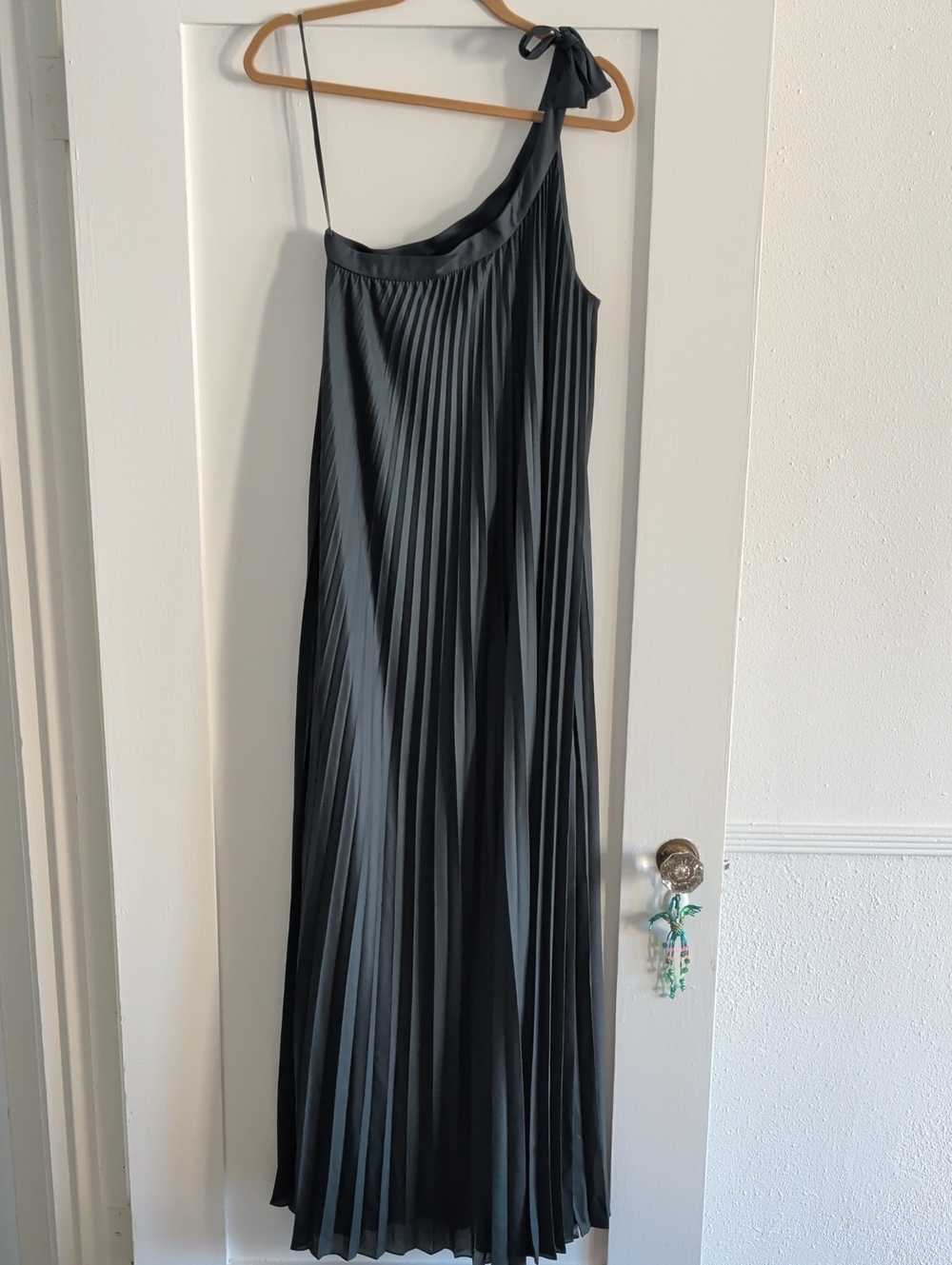 BCBGMaxAzria Abee One-Shoulder Forest Green Pleated Maxi Dress